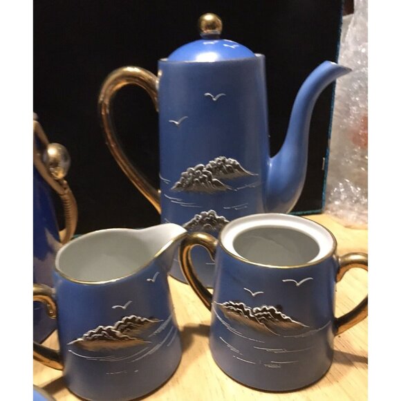 1920s Morimura Japan Moriage Tea Set Coffee Island Palm Trees Pagoda Gaudy Blue - Picture 10 of 16